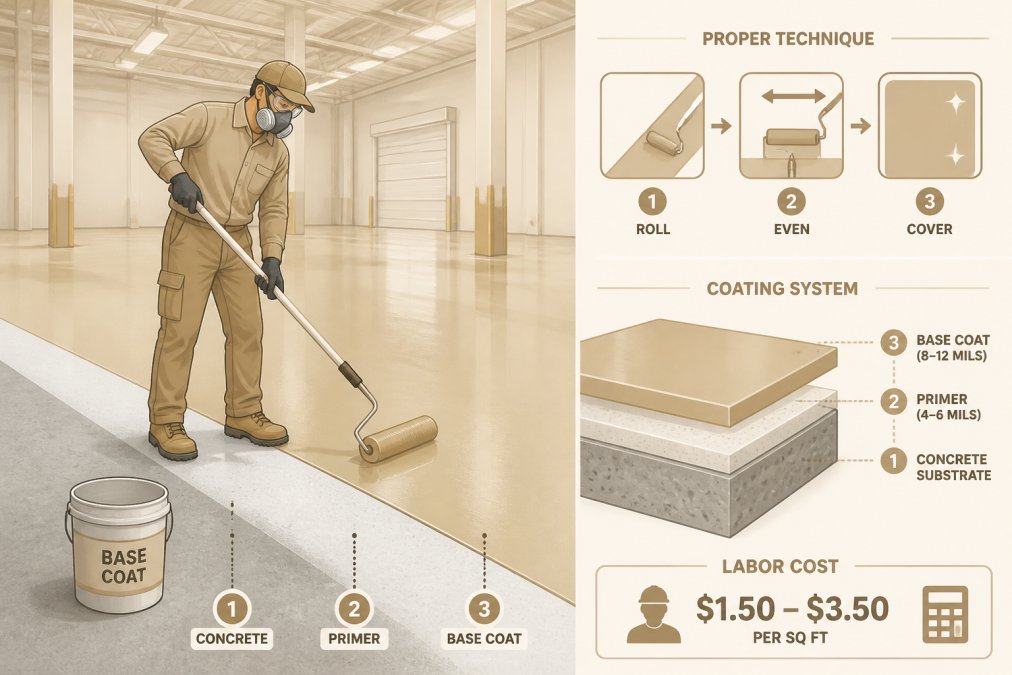 Commercial epoxy technician applying base coat with roller to warehouse floor, showing primer layer underneath and proper technique with even coverage, professional protective equipment visible