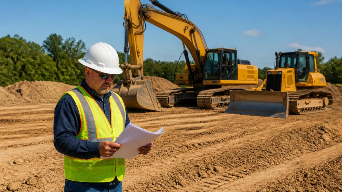 A yellow excavator and bulldozer parked on a graded construction site, a foreman in a hi-vis vest reviewing paperwork in the foreground, bright midday sunlight, realistic photography style