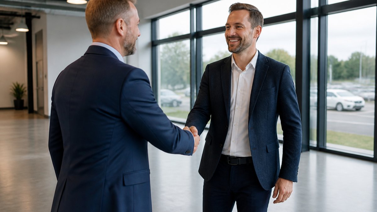 Professional business owner shaking hands with a commercial property agent in a modern office setting, with commercial property details and contracts visible on a glass desk