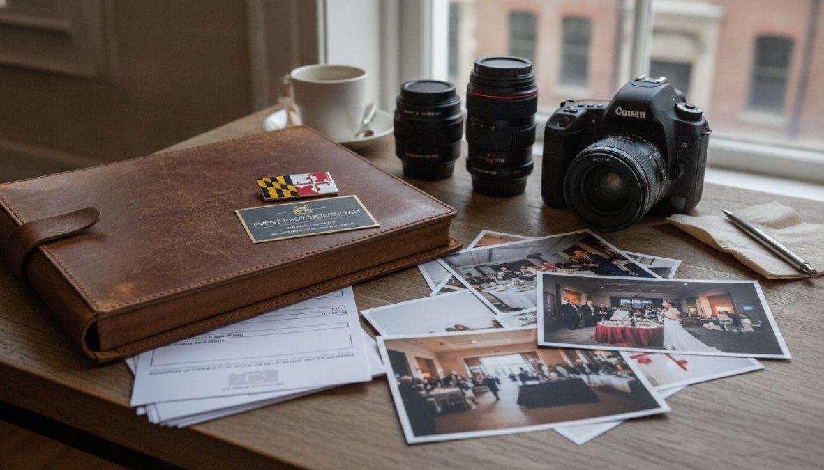 Professional photographer with professional-grade camera equipment capturing candid moments during a corporate gala event in a Maryland ballroom with elegant lighting and formally dressed guests
