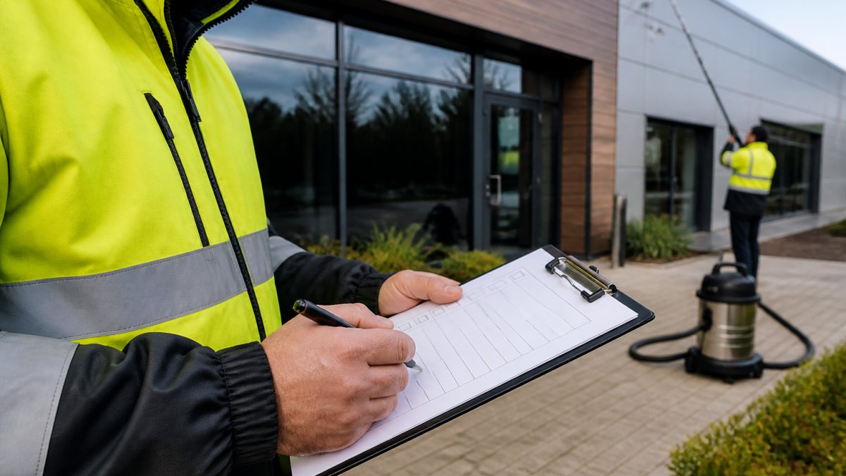 Facilities manager checking a cleaning maintenance plan near a commercial building entrance with gutter equipment.