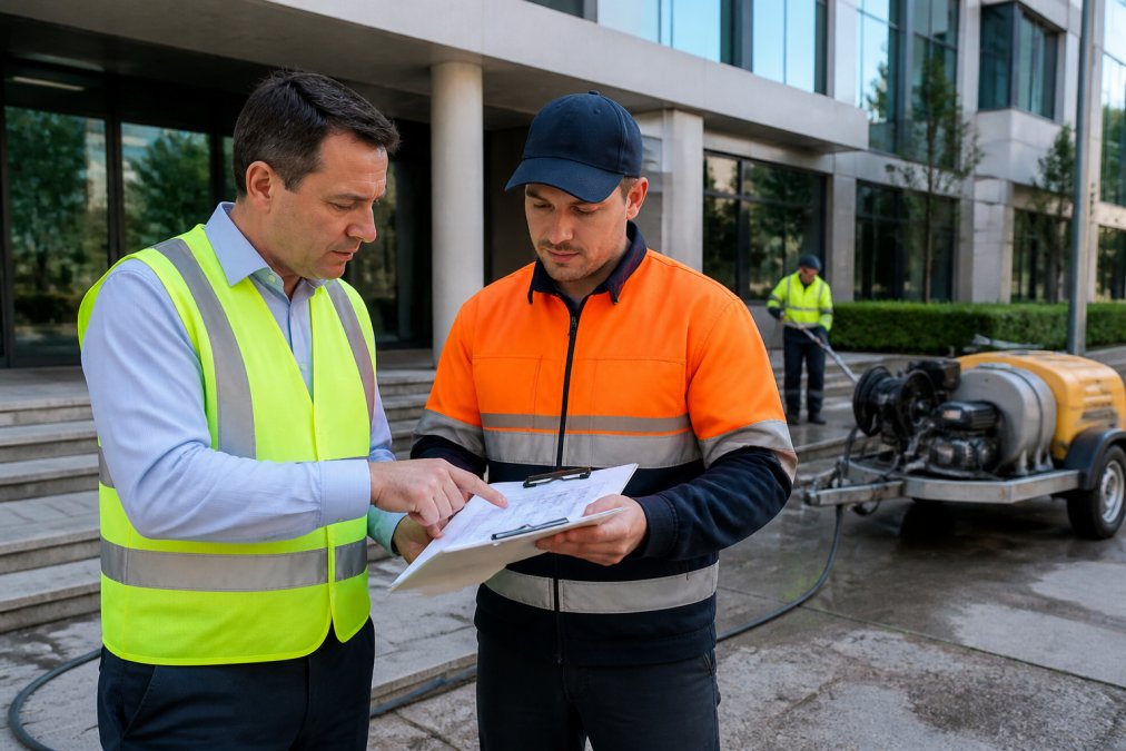 Property manager and contractor reviewing a commercial exterior cleaning quote outside an office building