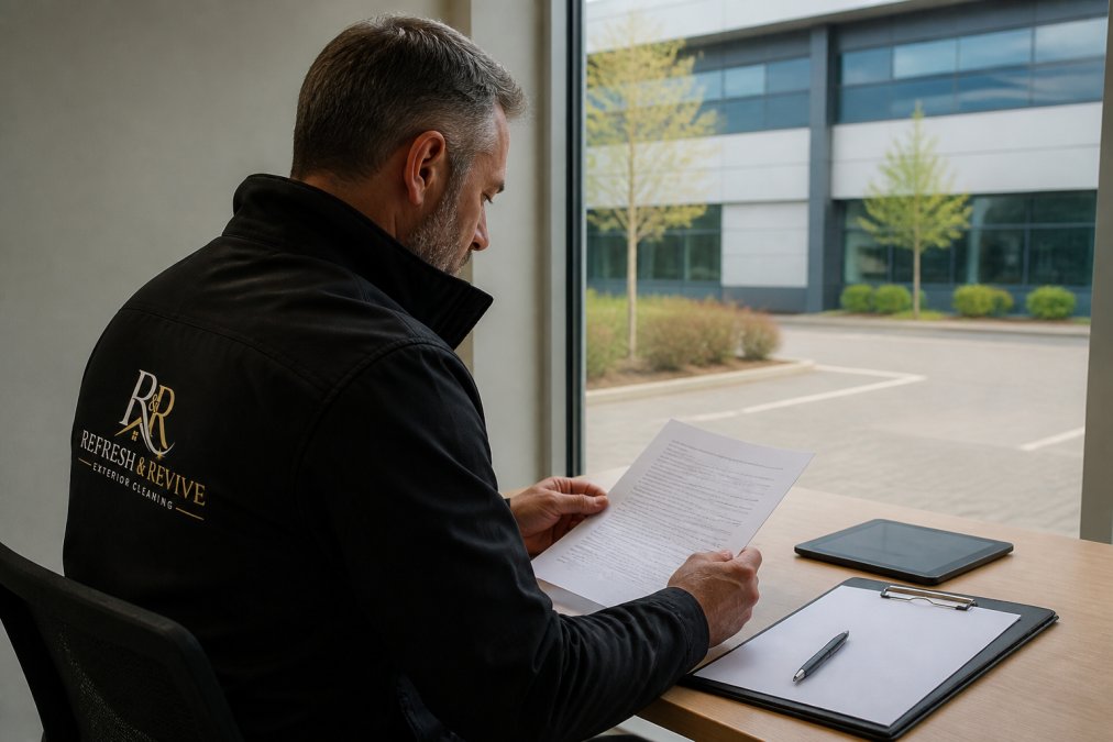 Professional facilities manager reviewing a maintenance contract document at a desk with a tablet and clipboard, with a commercial building exterior visible through the window