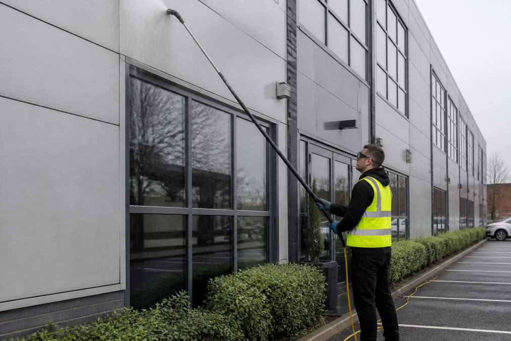 Exterior cleaning team conducting routine maintenance on a commercial building facade, demonstrating low-pressure cleaning methods on render and surfaces