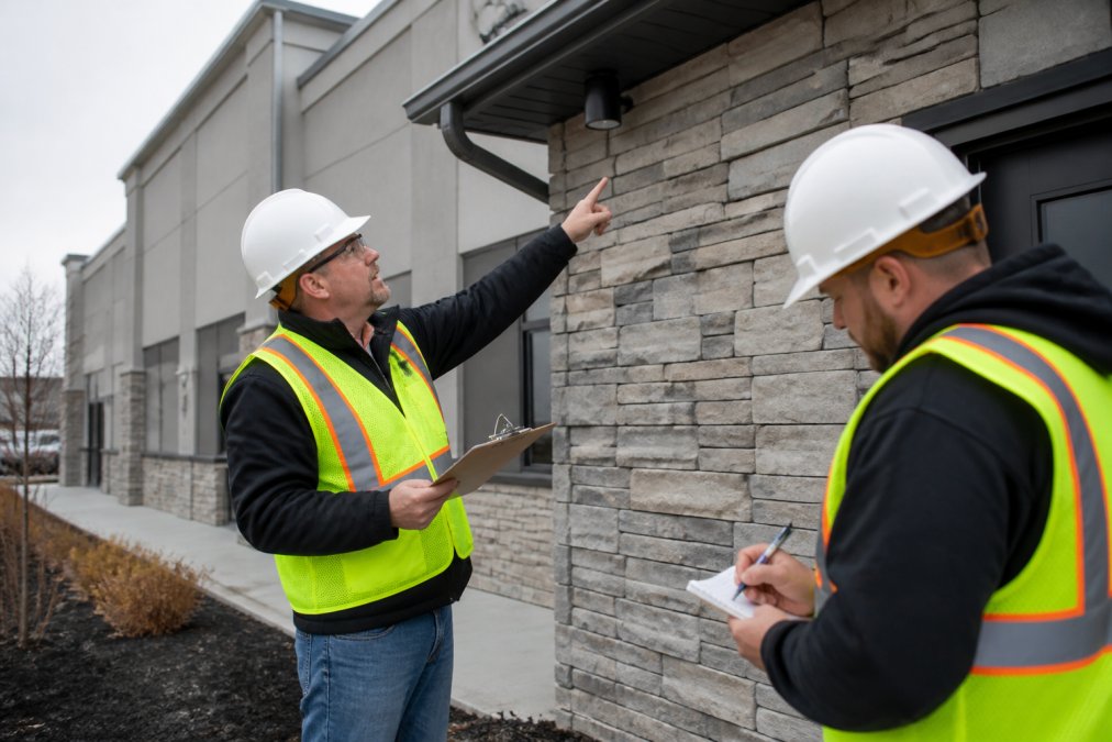 A property manager in a hard hat and safety vest conducting a walkthrough inspection of a commercial building exterior, holding a clipboard and pointing at a roofline while a maintenance worker takes notes nearby, overcast morning light
