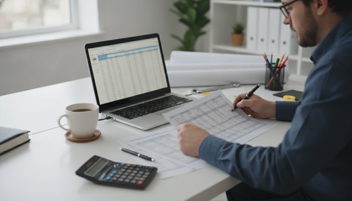 A professional in business casual attire sits at a tidy office desk reviewing printed budget spreadsheets beside a laptop showing financial planning data, a ceramic coffee cup nearby, under warm office lighting