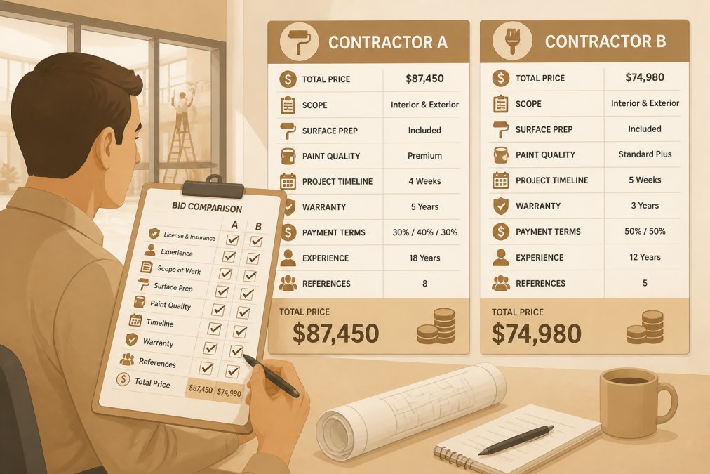 Facility manager reviewing side-by-side commercial painting bids with a comparison checklist on a clipboard inside an office building