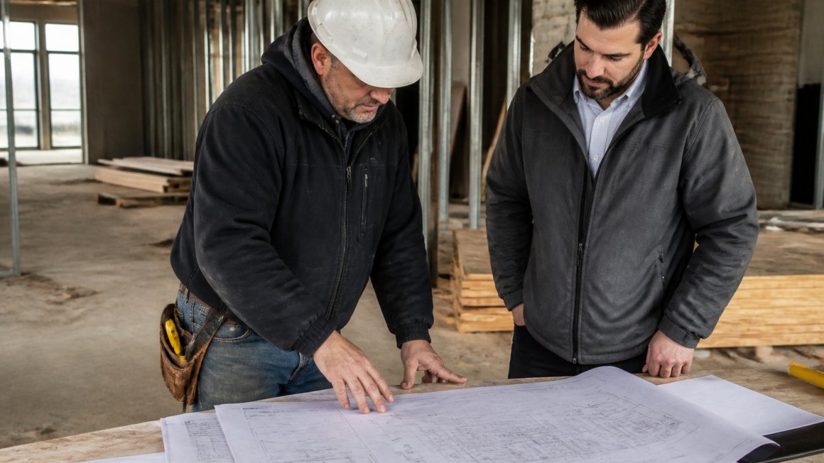 Professional contractor and business owner reviewing commercial building blueprints and specifications at a job site table, with construction materials and facility plans visible in the background