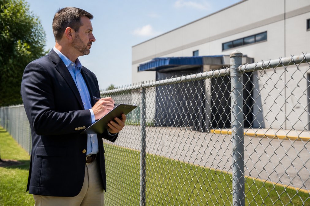 A property manager in professional attire inspecting a commercial chain link fence line with a clipboard, commercial building in the background, bright daylight
