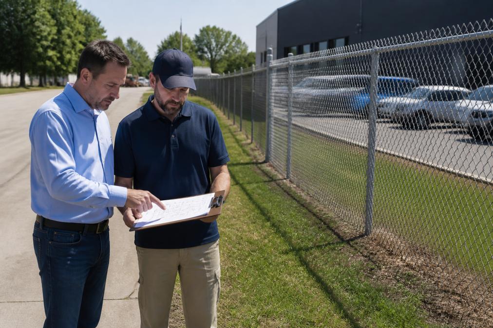 Contractor and owner reviewing a site plan for commercial fence zoning near a property line fence.