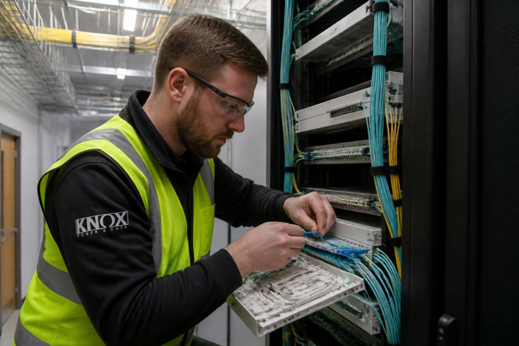 Certified engineer splicing fibre optic cabling into a patch panel within a commercial server room.