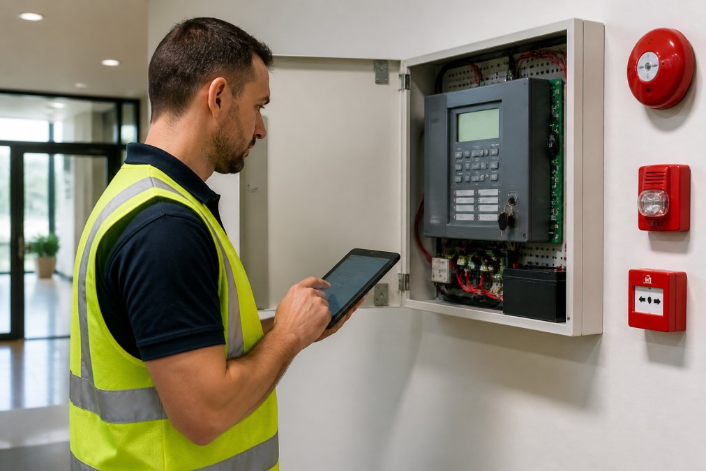 A licensed fire protection technician in a high-visibility vest inspecting a commercial fire alarm panel mounted on an office wall, using a tablet to record findings, under bright fluorescent office lighting