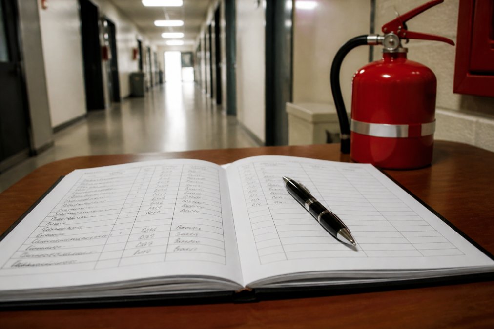 Close-up of a fire safety logbook open on a desk with handwritten inspection entries, a pen resting on the page, and a red fire extinguisher visible in the background of a commercial building corridor under warm fluorescent lighting