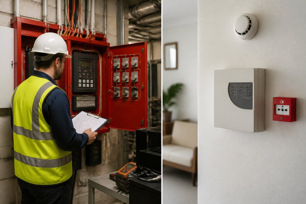A fire safety technician in a high-vis vest and hard hat inspecting a commercial fire alarm control panel in a multi-storey building plant room, with a clipboard and testing equipment nearby