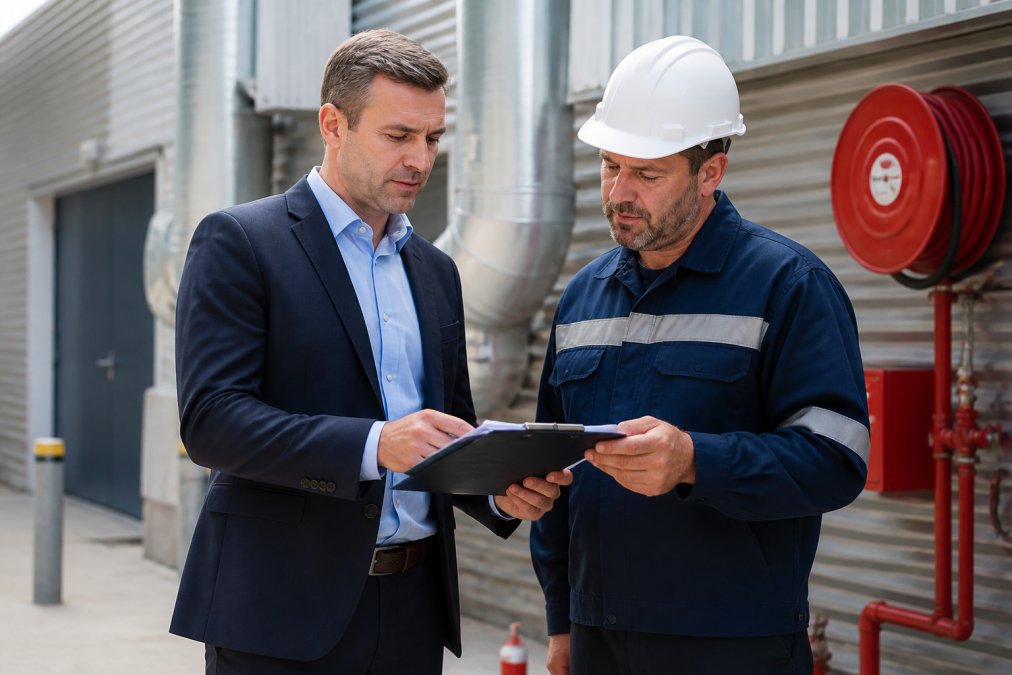 A commercial property manager in professional attire reviewing fire safety service documents with a licensed inspector at an industrial building site, natural daylight