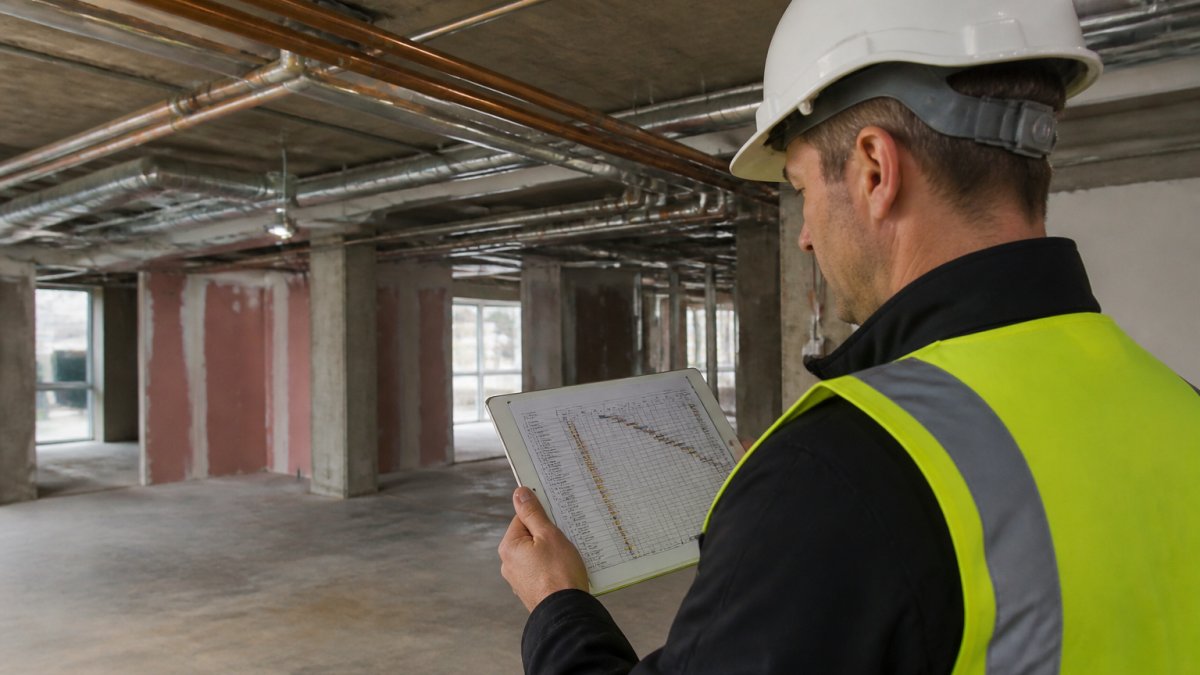 A site manager in a high-visibility vest and hard hat reviewing a printed programme on a tablet inside a stripped-out commercial unit, with M&E first-fix pipework visible behind
