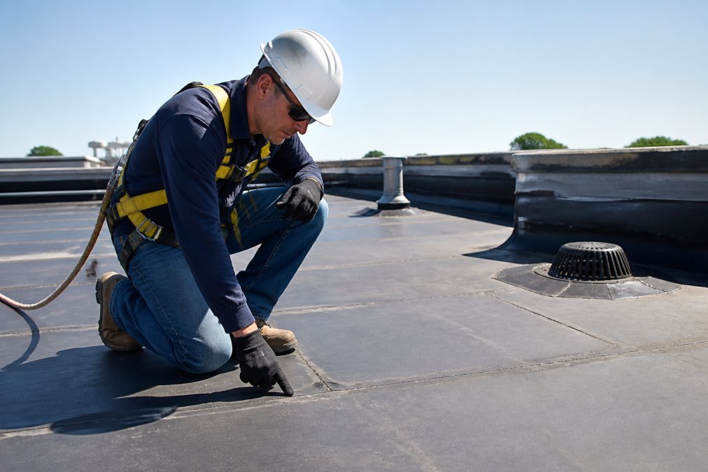 Professional roofing technician in safety harness and hard hat performing detailed inspection of commercial flat roof membrane, checking for cracks and membrane separation, with drainage systems visible in background under bright daylight