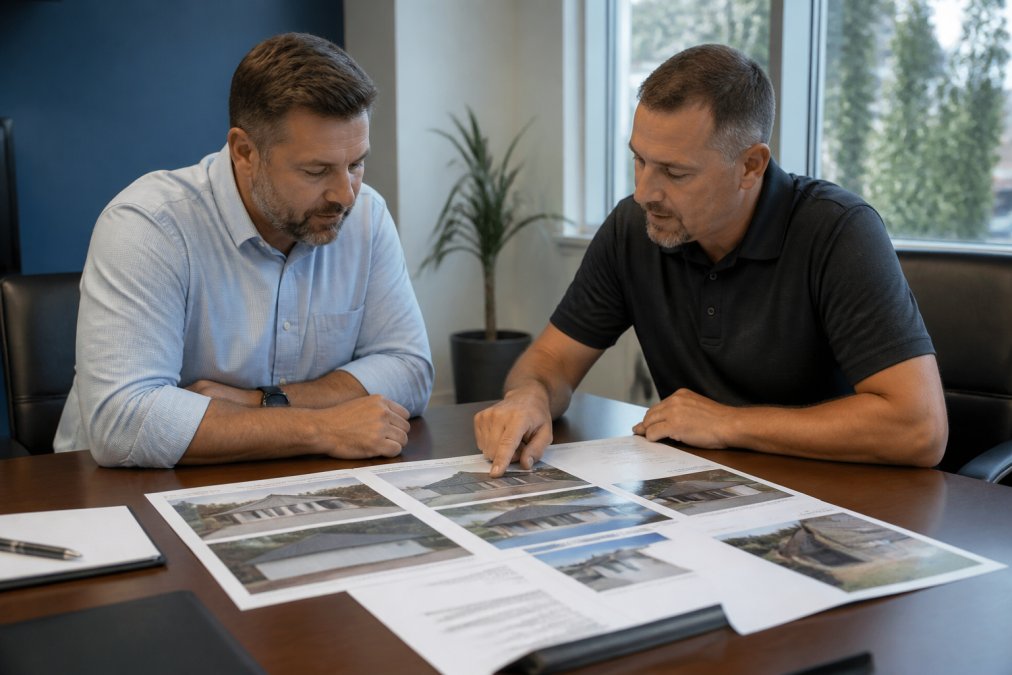 Facility manager and professional roofing contractor in business casual attire meeting in modern office, reviewing detailed roof inspection report with photographs and condition notes spread on conference table, discussing maintenance contract terms