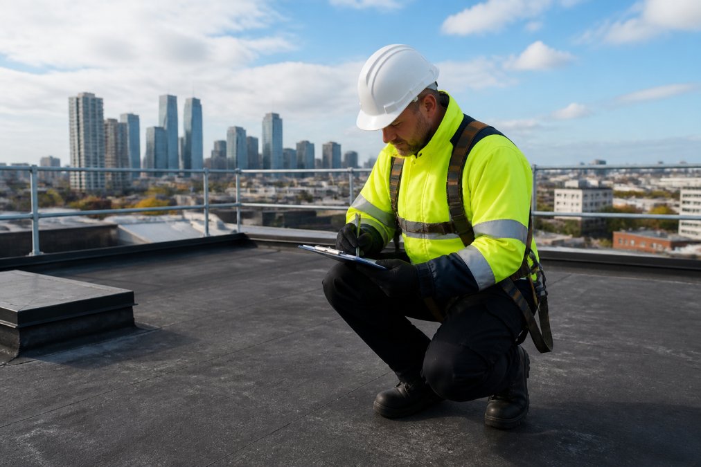 Professional roofing technician in high-visibility clothing and safety harness inspecting commercial flat roof membrane, using clipboard to document findings with urban skyline visible in background