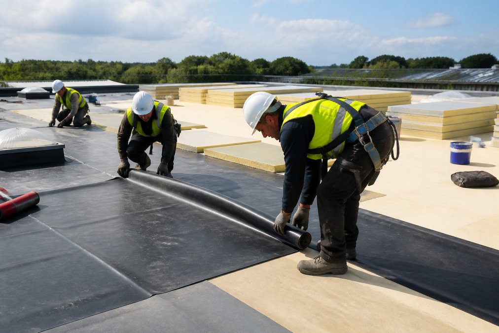A roofing team in high-visibility clothing and safety harnesses installing a single-ply EPDM rubber membrane on a large flat commercial roof, with insulation boards and tools visible nearby on a bright, dry day