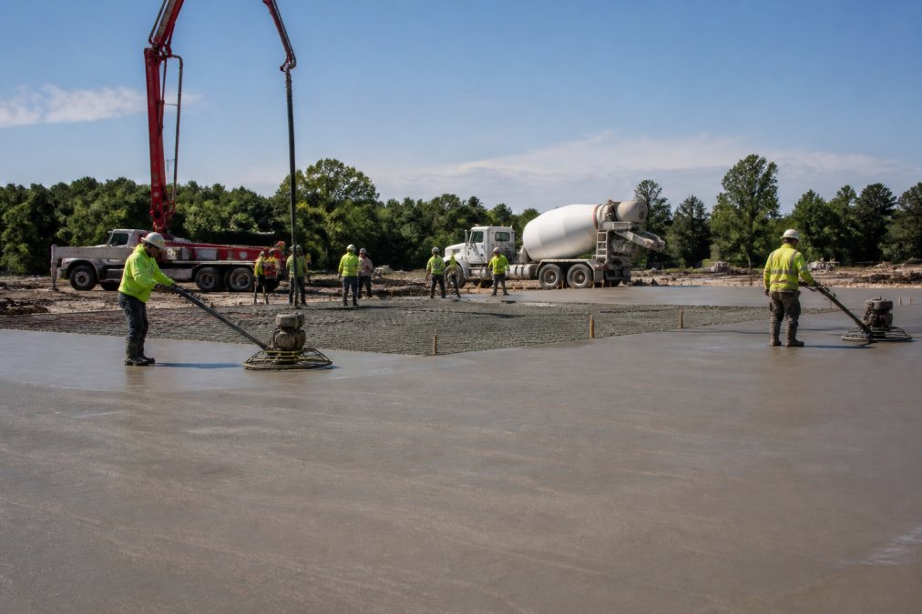 Construction crew operating concrete finishing equipment on a large commercial parking lot slab, with multiple workers in safety gear and concrete trucks visible on the prepared site under daylight