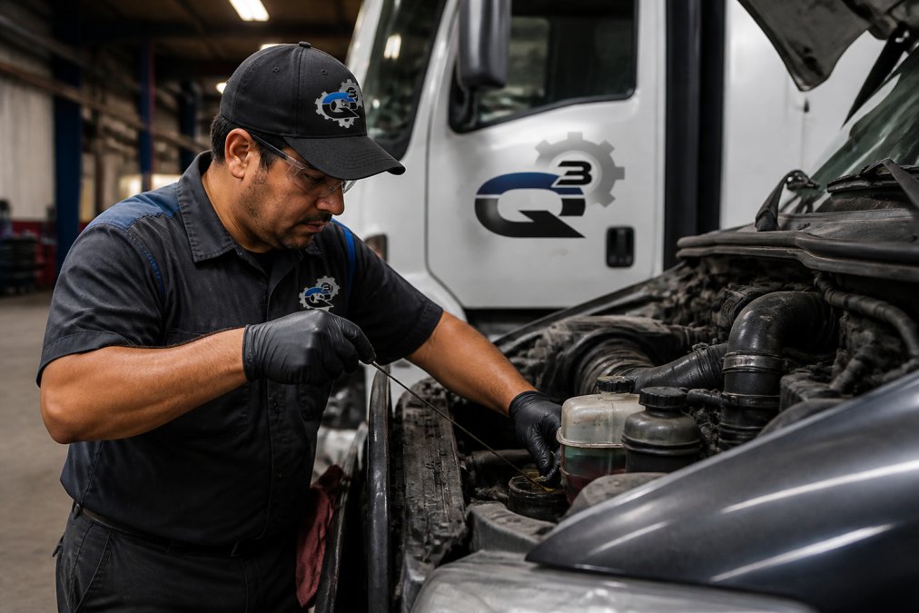 Professional technician performing routine maintenance on commercial truck in well-lit service bay, checking fluid levels and inspecting engine components with diagnostic tools