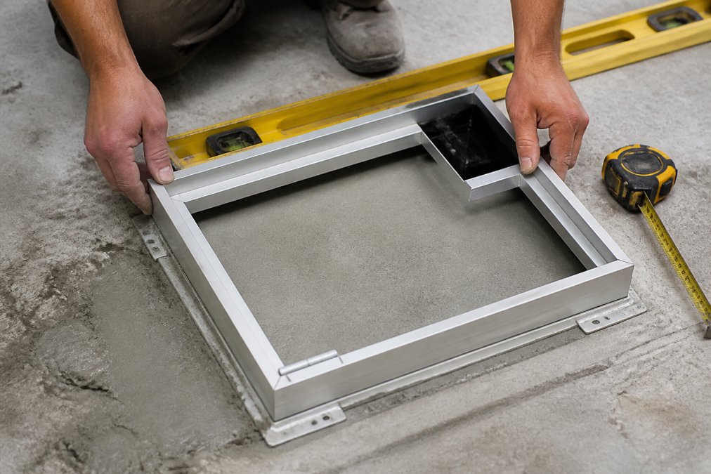 Contractor installing aluminum floor access door frame into concrete subfloor with measuring tape and level visible, showing frame positioning and anchor flange before tile work begins