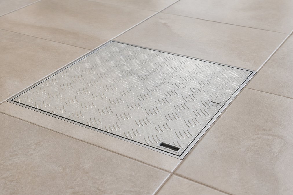 Close-up of finished ceramic tile floor with recessed aluminum access door flush with surrounding tile surface, showing seamless integration and diamond plate door panel under natural lighting