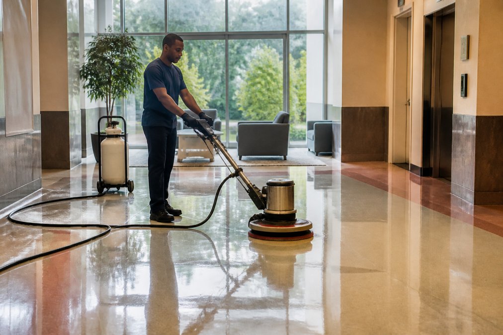 Technician using a propane buffer for commercial floor cleaning in a shiny lobby