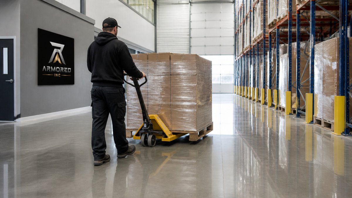 A warehouse worker driving a pallet jack across a glossy, seamless epoxy floor in a bright industrial facility, with racking and stored goods in the background