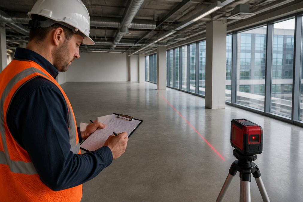 Professional surveyor measuring and documenting commercial floor space with laser measuring tools and clipboard, taking detailed notes in a modern office setting