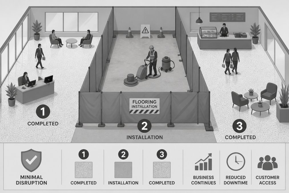 Commercial facility with temporary barriers and protective coverings dividing flooring installation zones, showing active business operations in adjacent completed sections with minimal disruption
