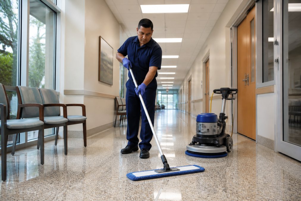 Commercial maintenance worker in uniform cleaning and polishing terrazzo flooring in a modern healthcare facility hallway using professional-grade equipment and microfiber mop, with bright fluorescent lighting overhead