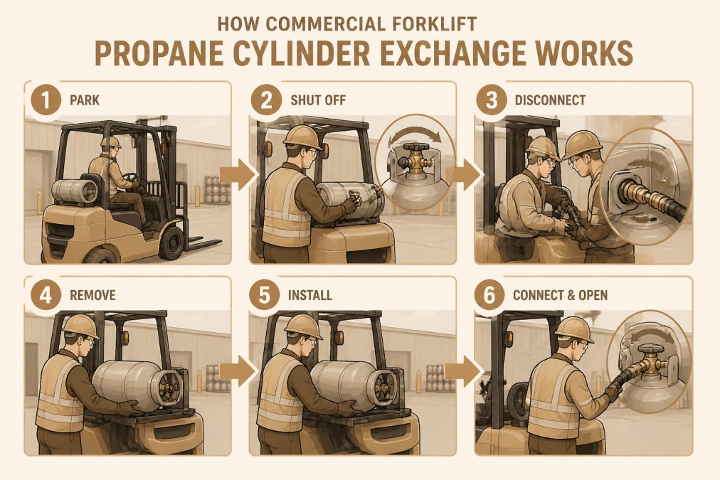 Warehouse worker in safety vest exchanging a propane cylinder on a forklift in an industrial yard, showing the connection point and cylinder removal process with natural daylight
