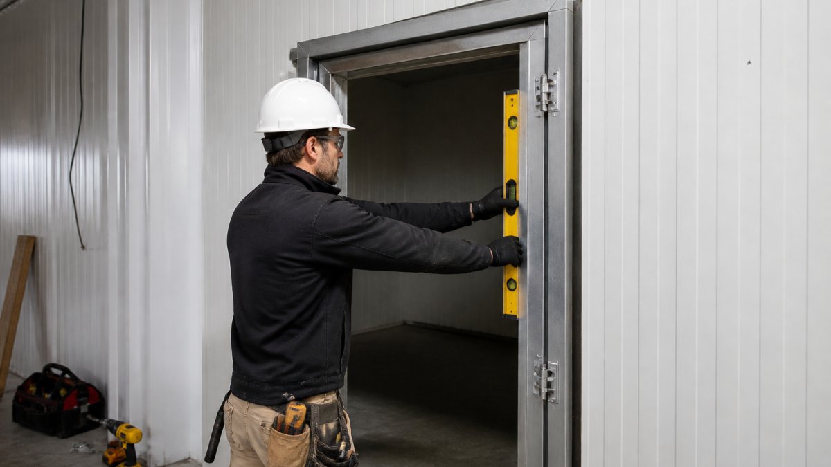 Professional technician aligning a prehung freezer door frame into a commercial walk-in opening, checking frame square with level and adjusting hardware, bright warehouse lighting