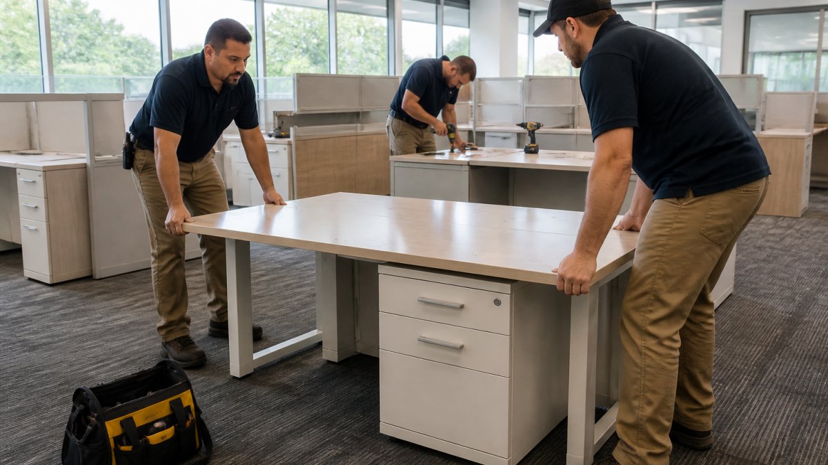 Professional furniture installers assembling office workstations with power tools and equipment, positioning a desk in a modern commercial office space with natural lighting