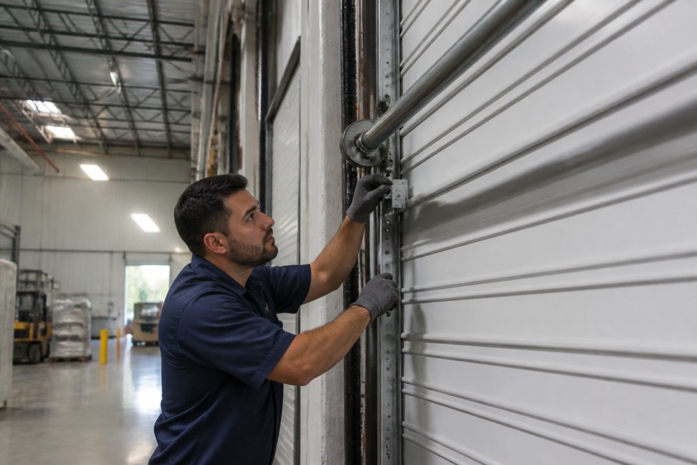 A professional technician in a navy uniform inspecting the tracks and rollers of a large commercial rolling steel door inside a well-lit warehouse facility