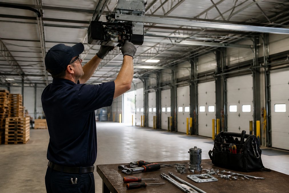 Professional technician in uniform with tools inspecting a stuck commercial garage door opener mechanism mounted on warehouse ceiling, with loading dock doors visible in background