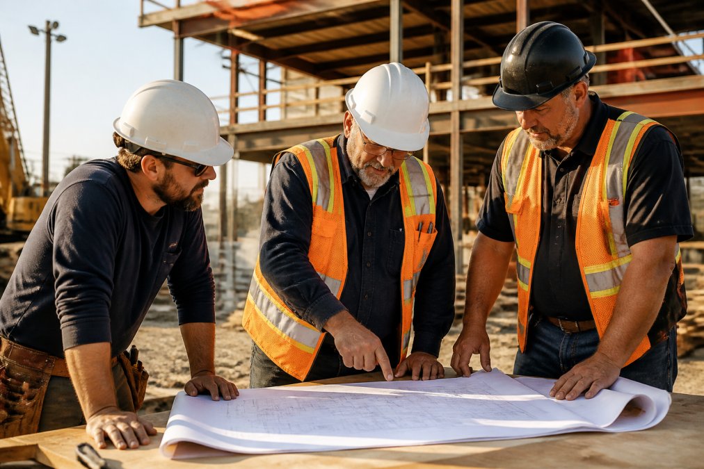 Construction manager and crew reviewing blueprints on an active commercial job site, discussing progress with subcontractors and pointing to building plans in afternoon sunlight