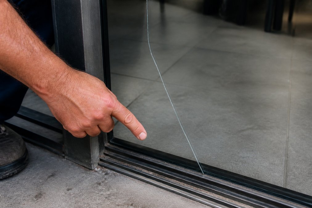 Close-up of a commercial glass door showing a visible crack in tempered glass with a technician's hand pointing to the fracture line and misaligned track below