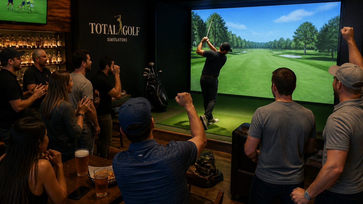 Patrons cheering and placing friendly wagers around a commercial golf simulator screen in a busy sports bar