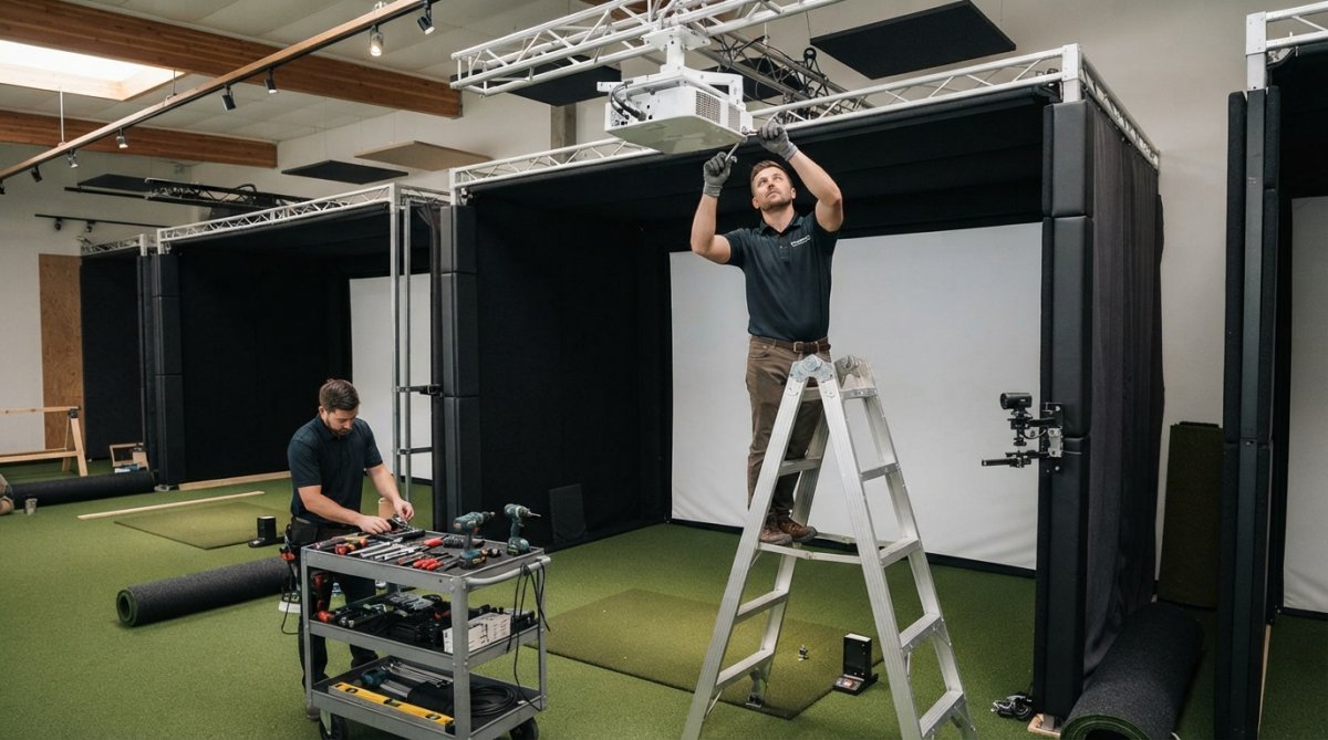 Technician adjusting a projector mount during a commercial golf simulator installation in a professional bay