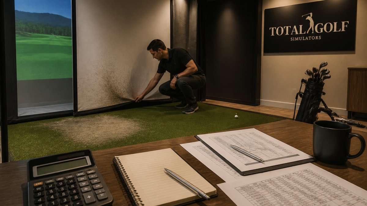 Technician inspecting a worn impact screen and turf in a commercial golf simulator bay