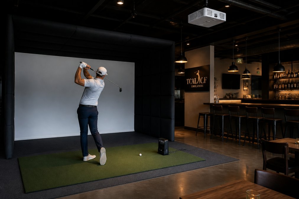 A wide photograph of a finished commercial golf simulator bay inside a sports bar, showing a floor-to-ceiling impact screen, dark turf hitting mat, ceiling-mounted projector, and a golfer mid-swing with a launch monitor visible on the floor