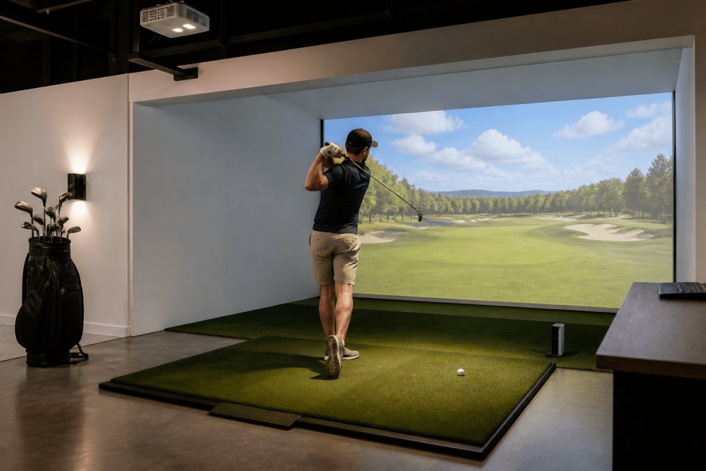 Professional illustration showing commercial golf simulator turnkey