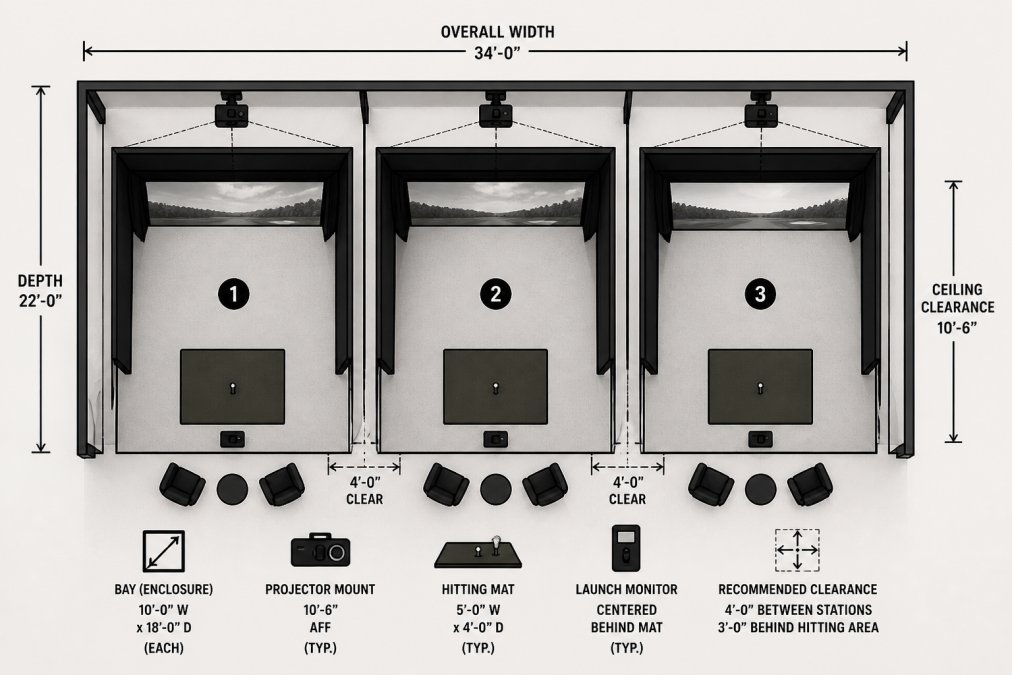 Professional illustration showing commercial golf simulator turnkey