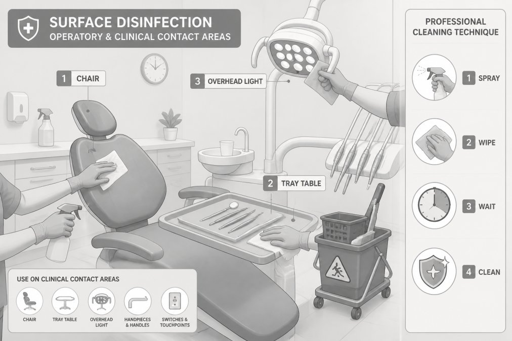 Dental operatory with clinical surfaces including chair, tray table and overhead light being wiped down with disinfectant solution, showing professional cleaning technique