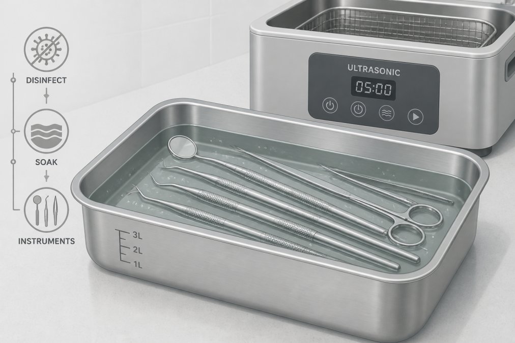 Dental instruments soaking in disinfectant solution in a stainless steel tray with ultrasonic bath visible in background, showing close-up of immersed instruments