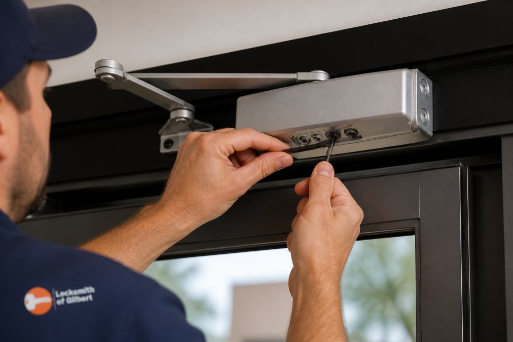 Technician using a hex key to adjust sweep and latch valves during commercial grade door closer repair.
