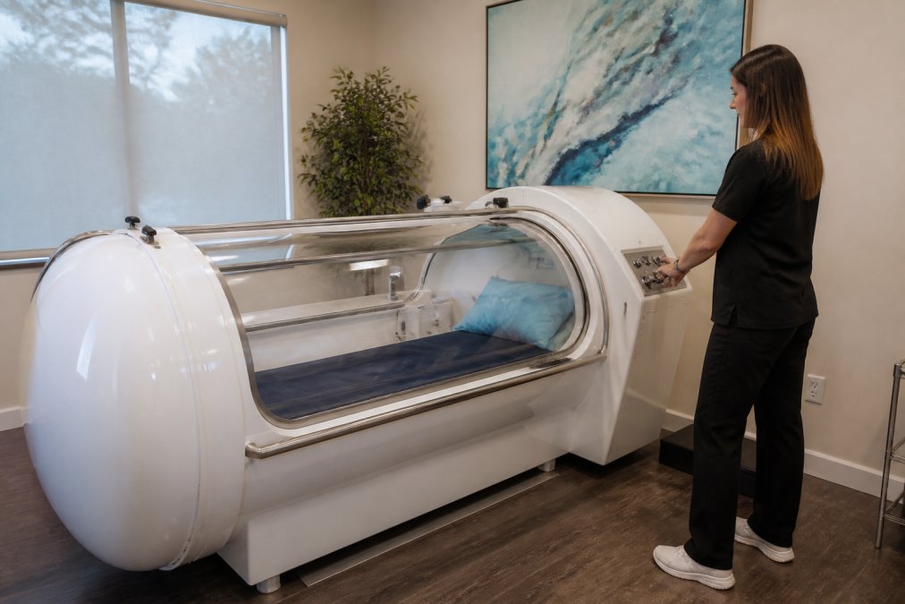 A clean, modern wellness clinic room featuring a large, white hard-shell hyperbaric chamber with a clear acrylic tube, with a practitioner in professional attire checking the control panel